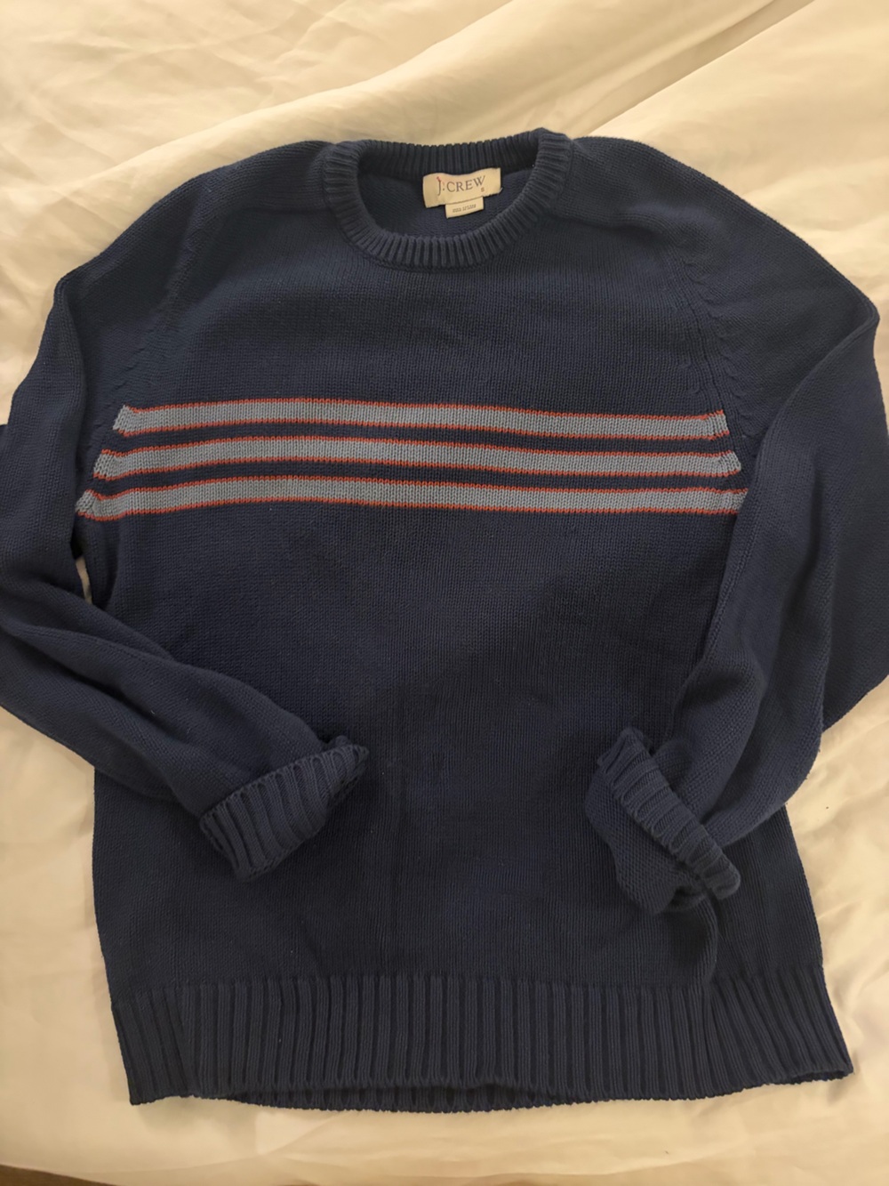 90s Vintage J. Crew Navy Crewneck Sweater with varsity rugby stripe 100% cotton